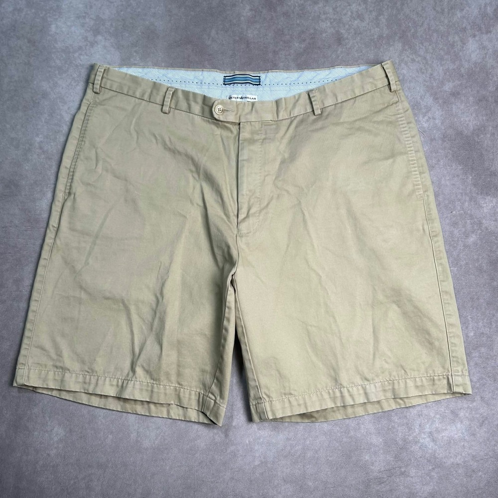 Peter Millar Mens Khaki Pima Cotton Flat Front Chino Shorts Size 40 Tan Golf